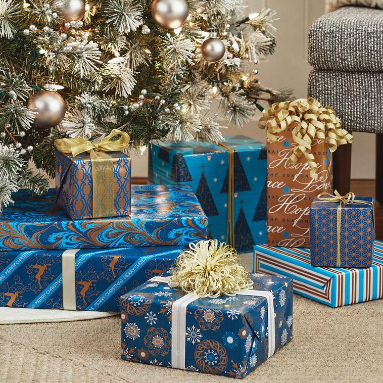 Hallmark Elegant Blues 4-Pack Blue And Gold Reversible Wrapping Paper 150 Sq. Ft
