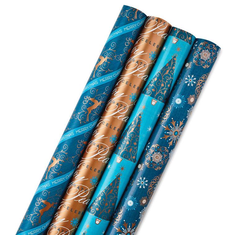 hallmark Elegant Blues 4-Pack Blue and Gold Reversible Wrapping Paper 150 sq. ft