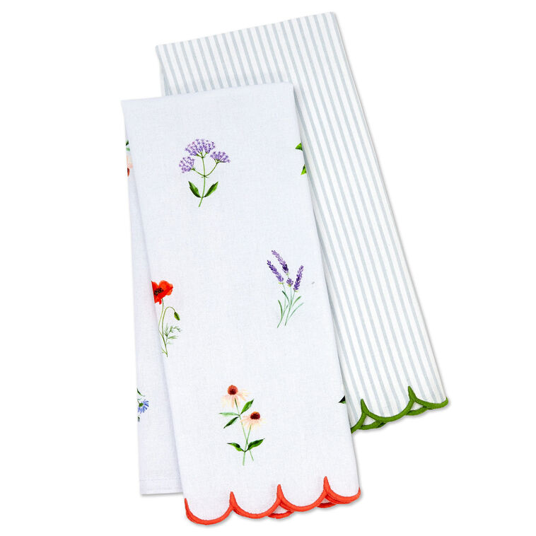 hallmark Floral and Stripe Scalloped Tea Towels Set of 2