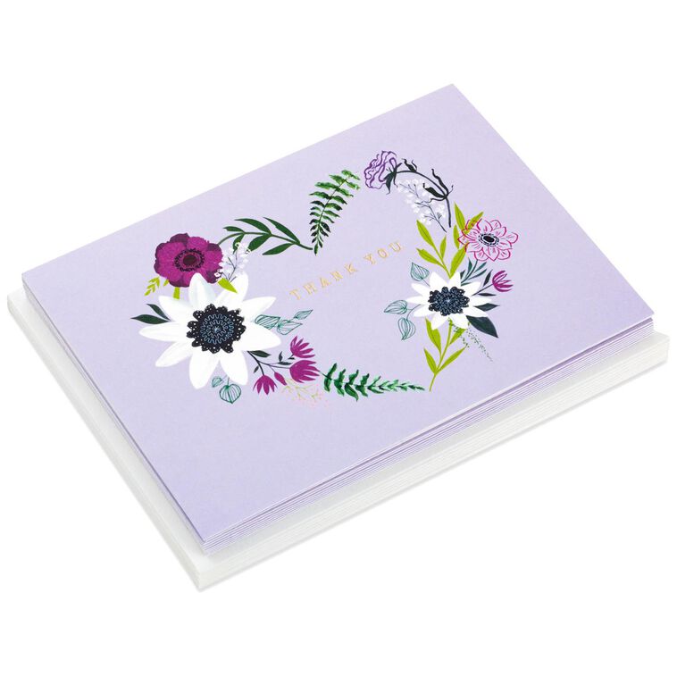 hallmark Floral Heart Wreath on Lavender Blank Thank You Notes Pack of 10