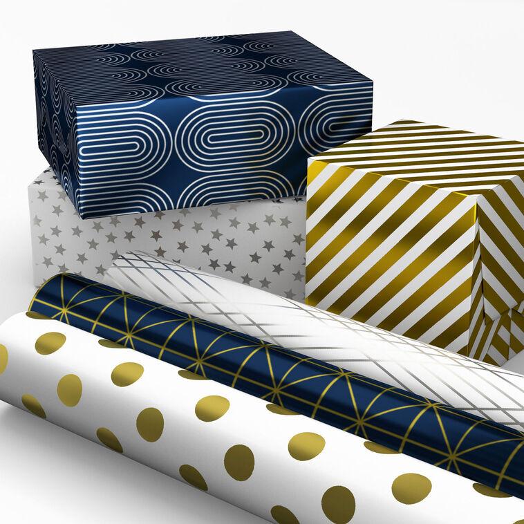 Hallmark Geometric Metallics 6-Pack Assorted Wrapping Paper Roll Bundle 180 Sq. Ft. Total
