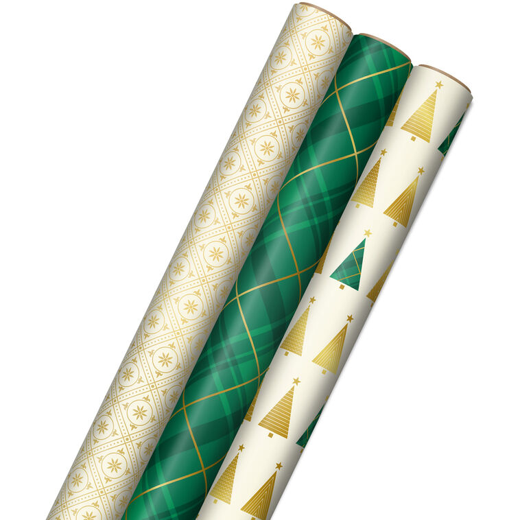 hallmark Gold and Green 3-Pack Christmas Wrapping Paper Assortment 120 sq. ft