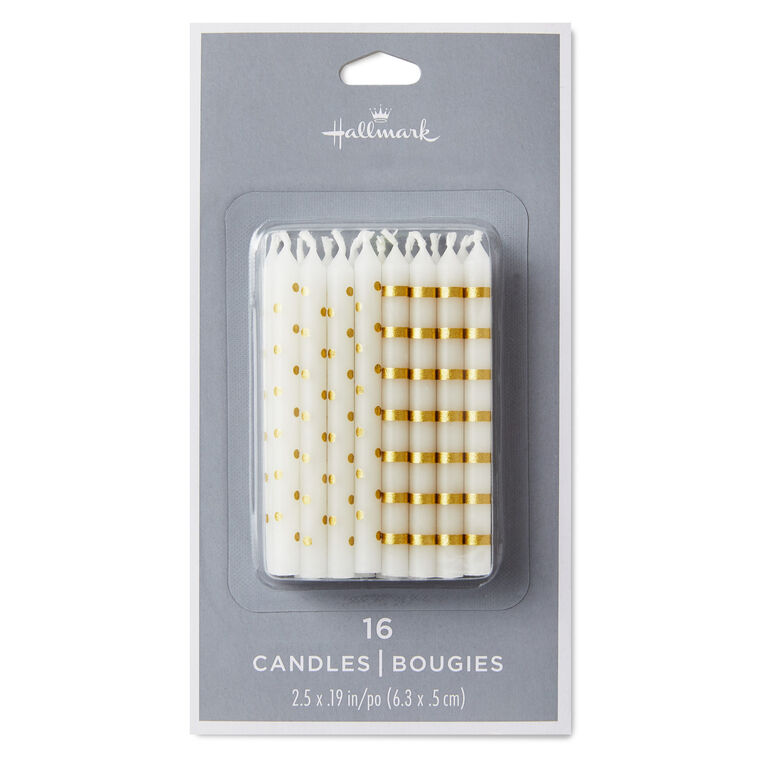 Hallmark Gold Stripes And Polka Dots On White Birthday Candles Set Of 16