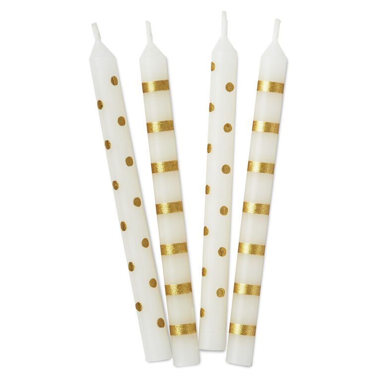 hallmark Gold Stripes and Polka Dots on White Birthday Candles Set of 16