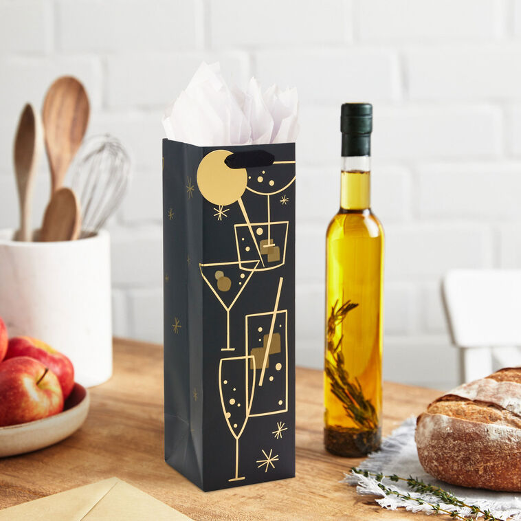 Hallmark 13" Gold Cocktail Glasses Wine Gift Bag