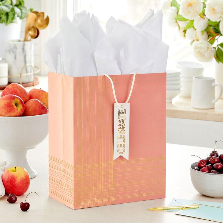 Hallmark 13" Gold Lines On Coral Large Gift Bag