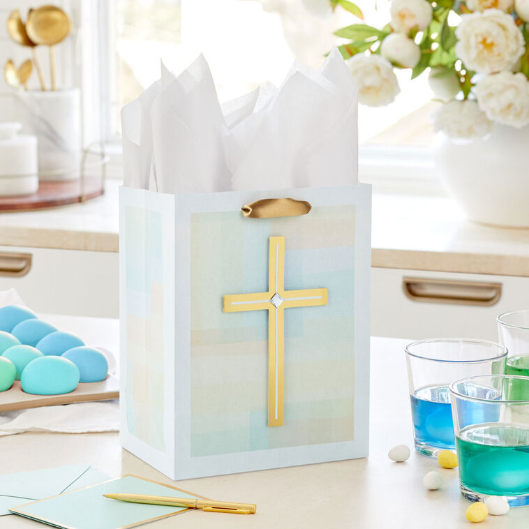 Hallmark 9.6" Gold Cross On Pastel Medium Gift Bag