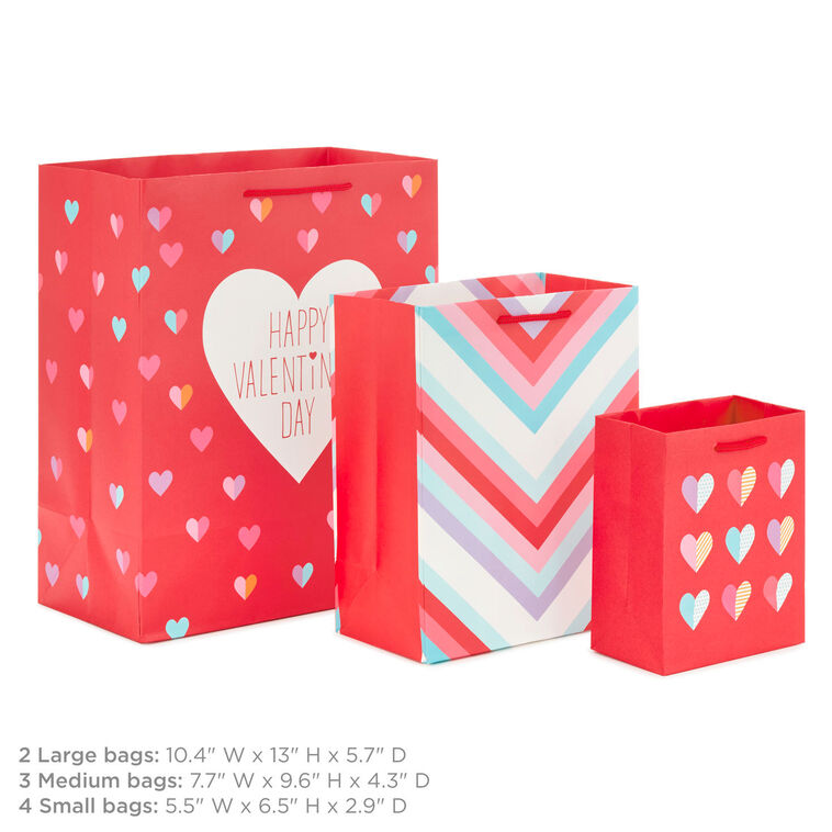 Hallmark Hearts And Stripes 8-Pack Valentine's Day Gift Bags Assorted Sizes And Designs