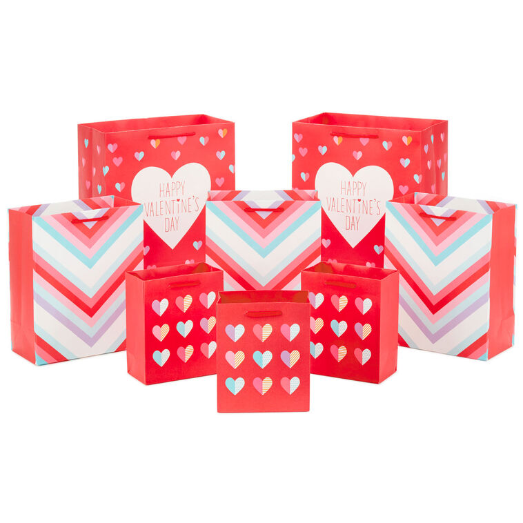 hallmark Hearts and Stripes 8-Pack Valentine's Day Gift Bags Assorted Sizes and Designs