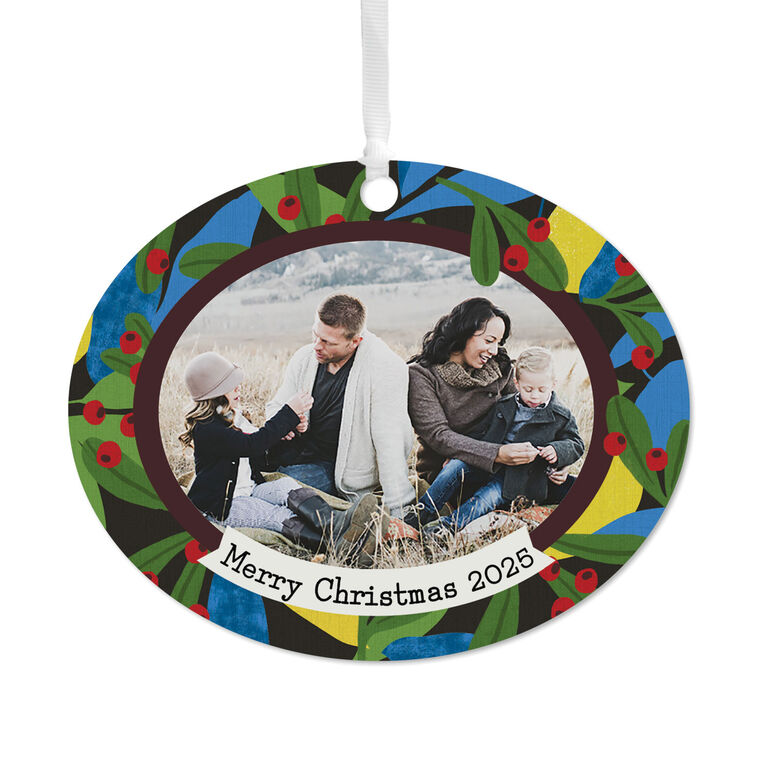 hallmark Holiday Holly Horizontal Oval Metal Personalized Ornament Custom Photo and Text