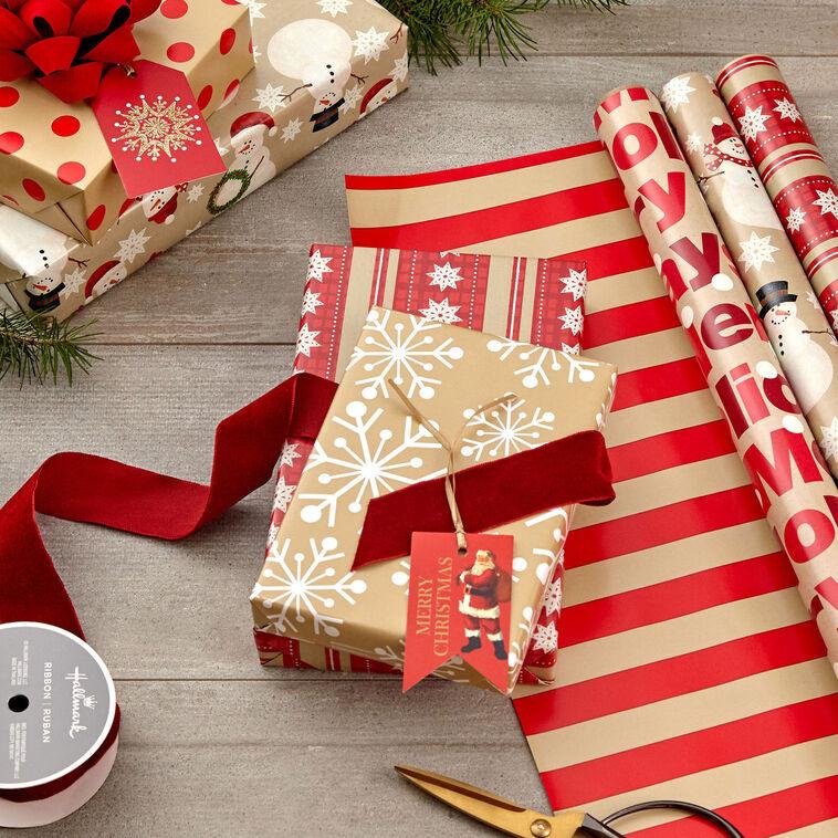 Hallmark Holiday Kraft 3-Pack Assorted Reversible Wrapping Paper Roll Bundle 120 Sq. Ft. Total