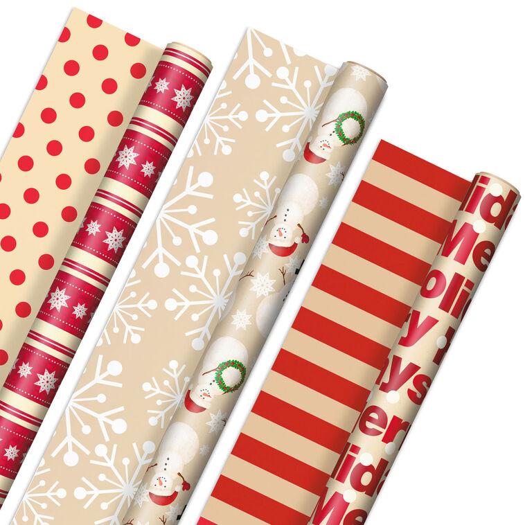 hallmark Holiday Kraft 3-Pack Assorted Reversible Wrapping Paper Roll Bundle 120 sq. ft. total