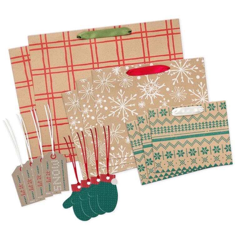 Hallmark Holiday Kraft 8-Pack Assorted Horizontal Gift Bag Bundle With 8 Tags