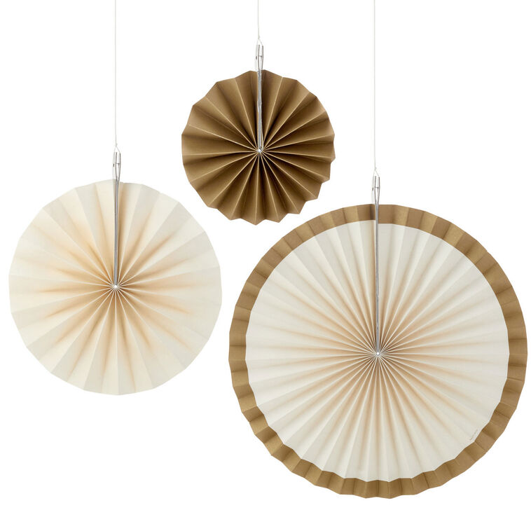 hallmark Ivory and Gold Metallic Decorative Fans Set of 3