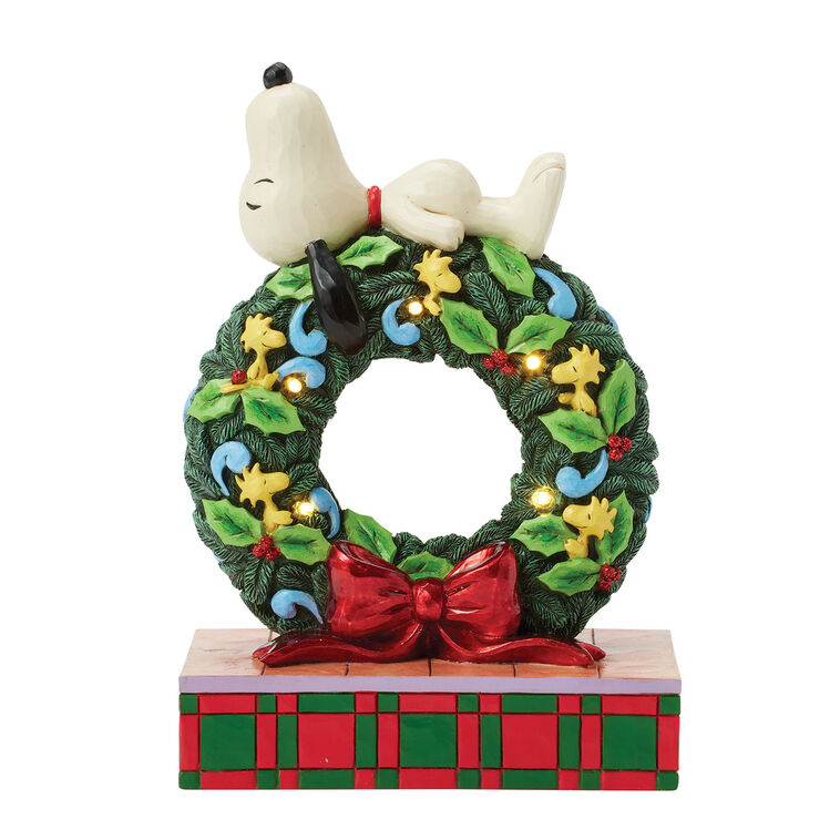 Hallmark Jim Shore Peanuts Snoopy Sleeping On Light-Up Wreath Figurine 7.13"