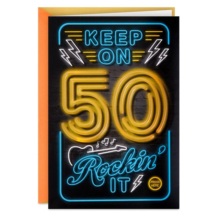 hallmark Keep On Rockin' It Musical Light-Up 50th Birthday Card
