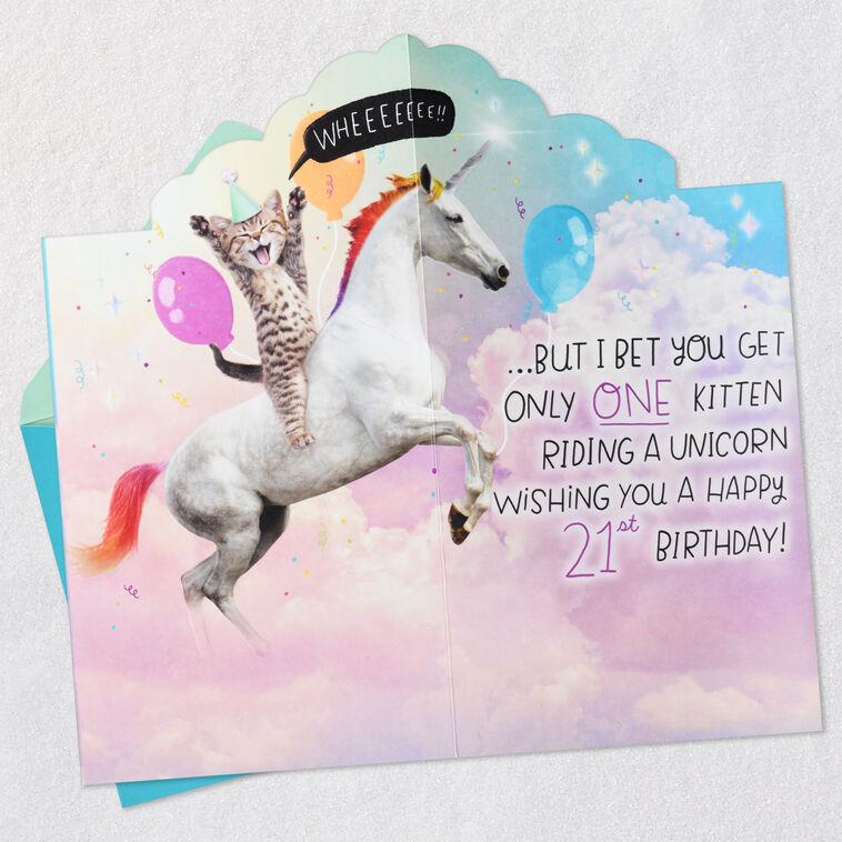 Hallmark Kitten Riding A Unicorn Pop-Up 21st Birthday Card