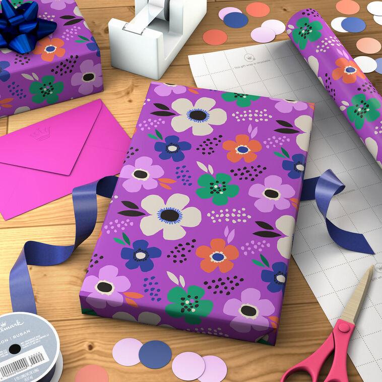 Hallmark Lavender-Scented Bold Flowers On Purple Wrapping Paper Roll 15 Sq. Ft