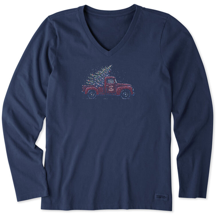 hallmark Life Is Good Women's Christmas Tree Truck Navy Long Sleeve V-Neck T-Shirt