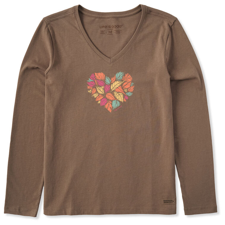 hallmark Life Is Good Women’s Heart of Fall Leaves Brown Long Sleeve V-Neck T-Shirt