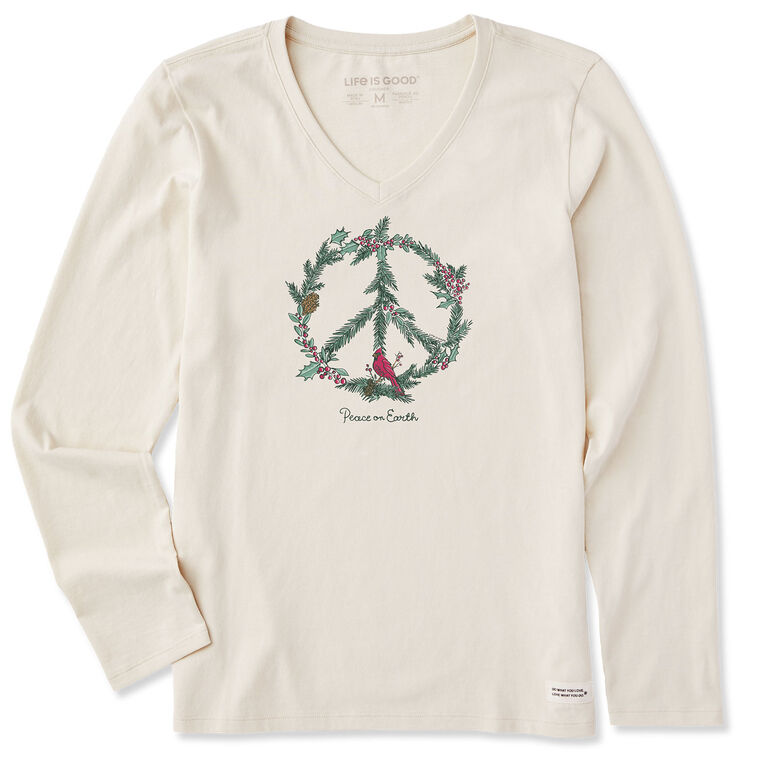 hallmark Life Is Good Women's Peace on Earth Cream Long Sleeve V-Neck T-Shirt
