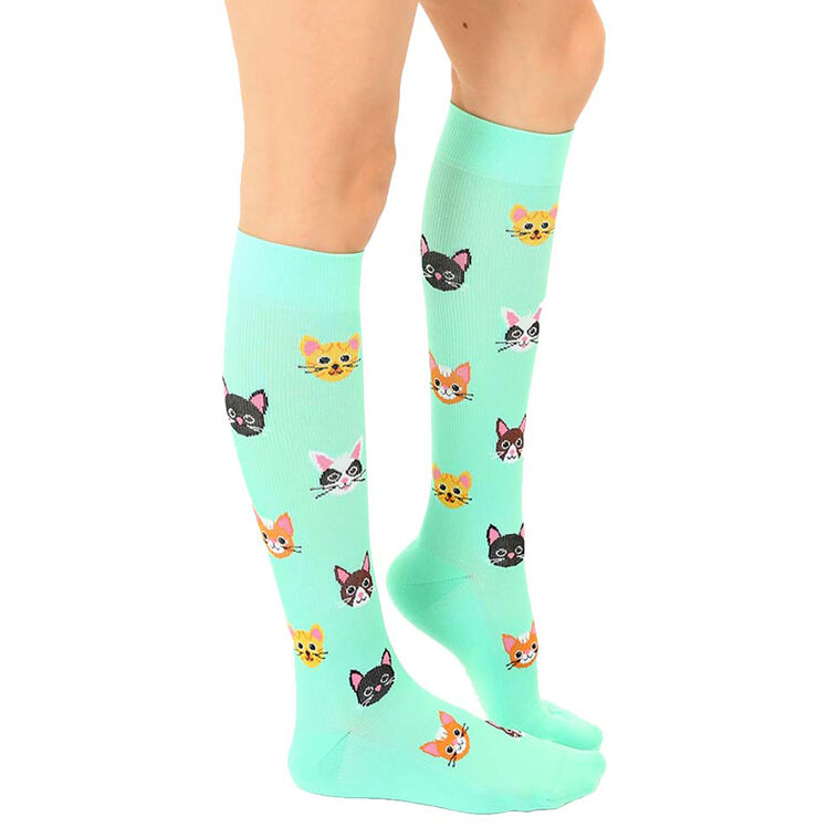 Hallmark Living Royal Cat Faces On Mint Green Compression Socks