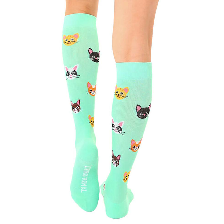 Hallmark Living Royal Cat Faces On Mint Green Compression Socks