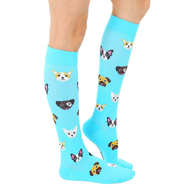 Hallmark Living Royal Dog Faces On Bright Blue Compression Socks