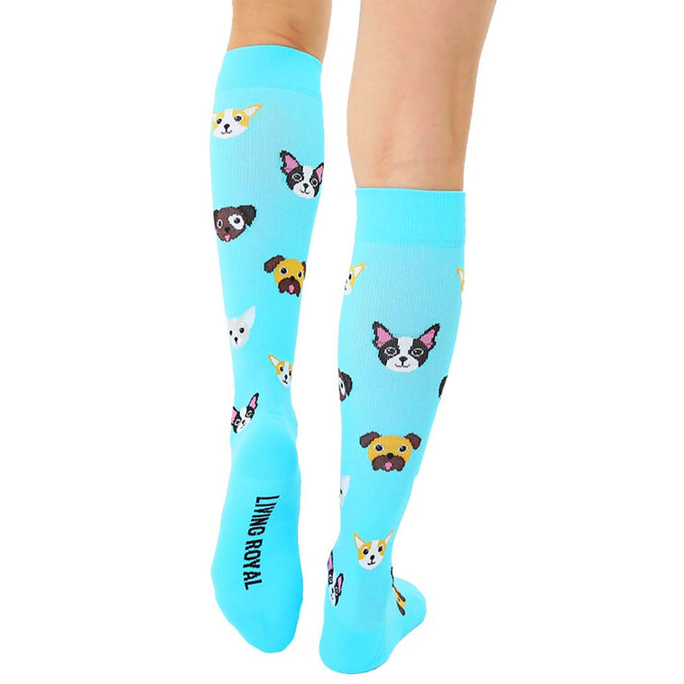 Hallmark Living Royal Dog Faces On Bright Blue Compression Socks