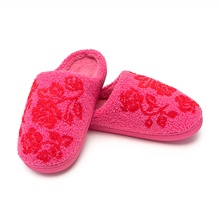 Hallmark Living Royal Red Bouquet On Pink Plush Slippers