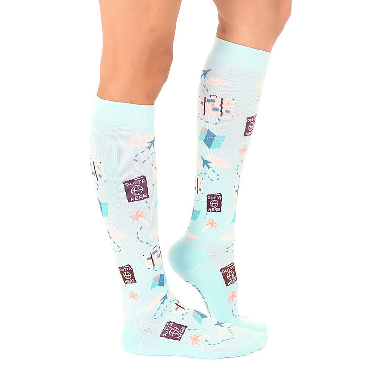 Hallmark Living Royal Travel Icons On Aqua Compression Socks