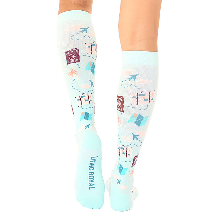 Hallmark Living Royal Travel Icons On Aqua Compression Socks