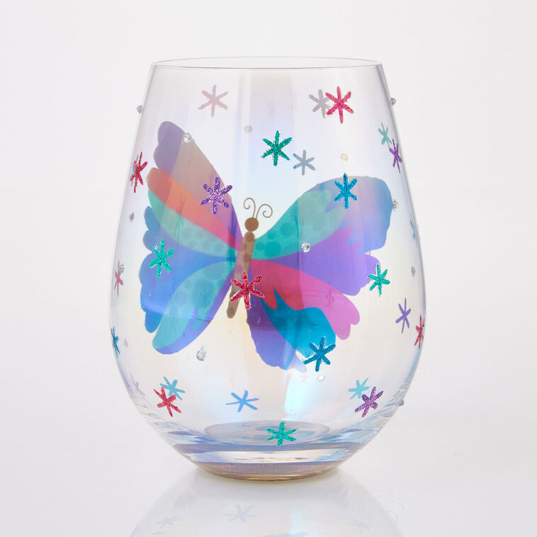 Hallmark Lolita Bejeweled Butterfly Stemless Handpainted Wine Glass 20 Oz