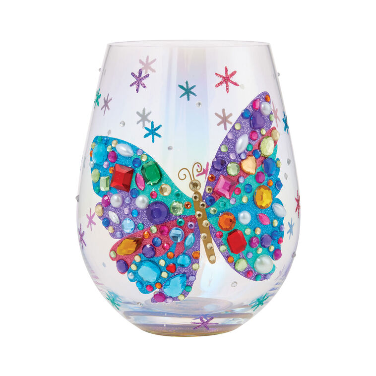 hallmark Lolita Bejeweled Butterfly Stemless Handpainted Wine Glass 20 oz