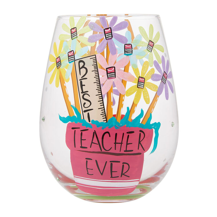 hallmark Lolita Best Teacher Handpainted Stemless Wine Glass 20 oz