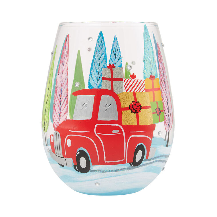 hallmark Lolita Christmas Haul Handpainted Stemless Wine Glass 20 oz