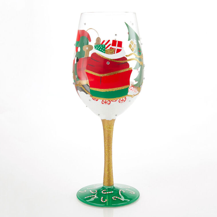Hallmark Lolita Chuggin' Along With Santa Handpainted Wine Glass 15 Oz