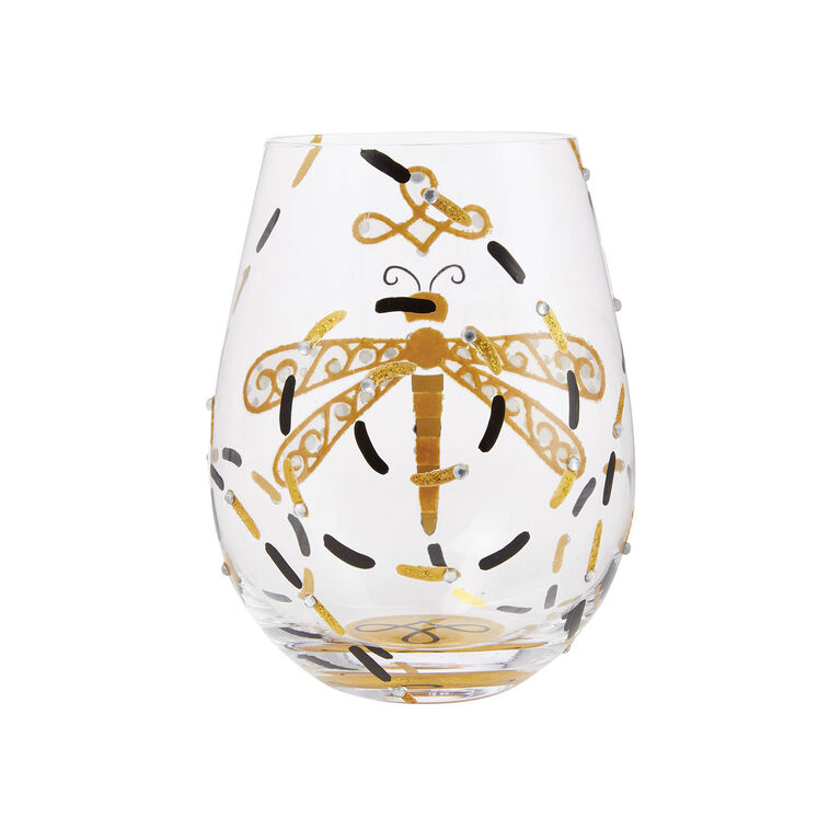 hallmark Lolita Dazzling Dragonfly Handpainted Stemless Wine Glass 20 oz