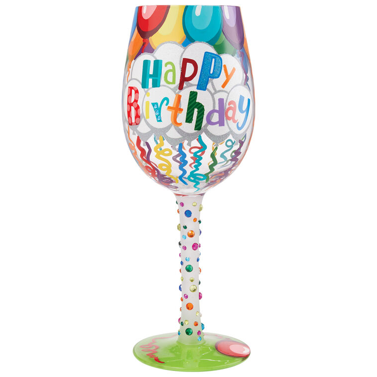 hallmark Lolita Happy Birthday Balloons and Streamers Handpainted Wine Glass 15 oz