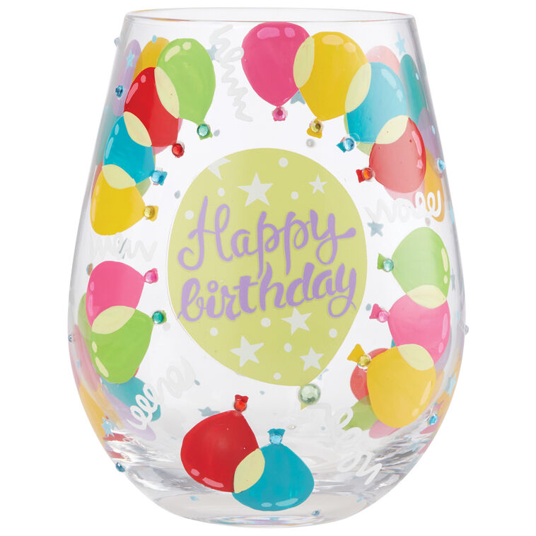 hallmark Lolita Happy Birthday Balloons Handpainted Stemless Wine Glass 20 oz
