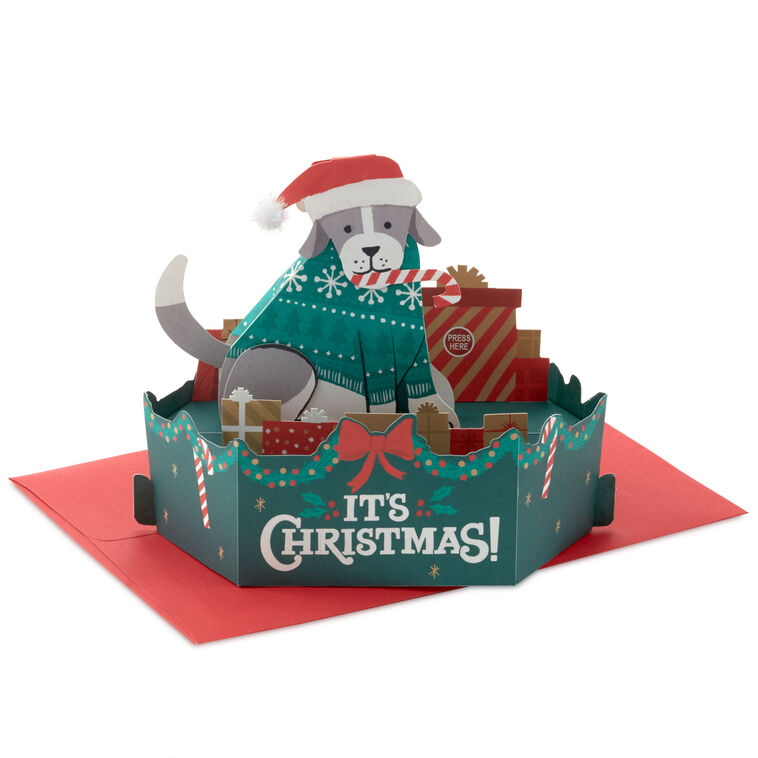 hallmark Make It Merry Santa Puppy Dog Musical 3D Pop-Up Christmas Card With Motion