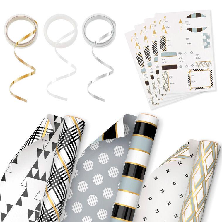hallmark Mod Patterns 3-Pack Wrapping Paper Ribbon and Sticker Tags