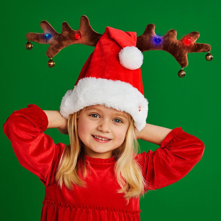 Hallmark Mud Pie Dancing Musical Santa Hat With Light-Up Reindeer Antlers