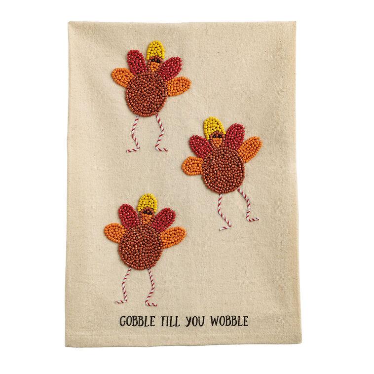hallmark Mud Pie Gobble Till You Wobble Beaded Turkey Thanksgiving Tea Towel