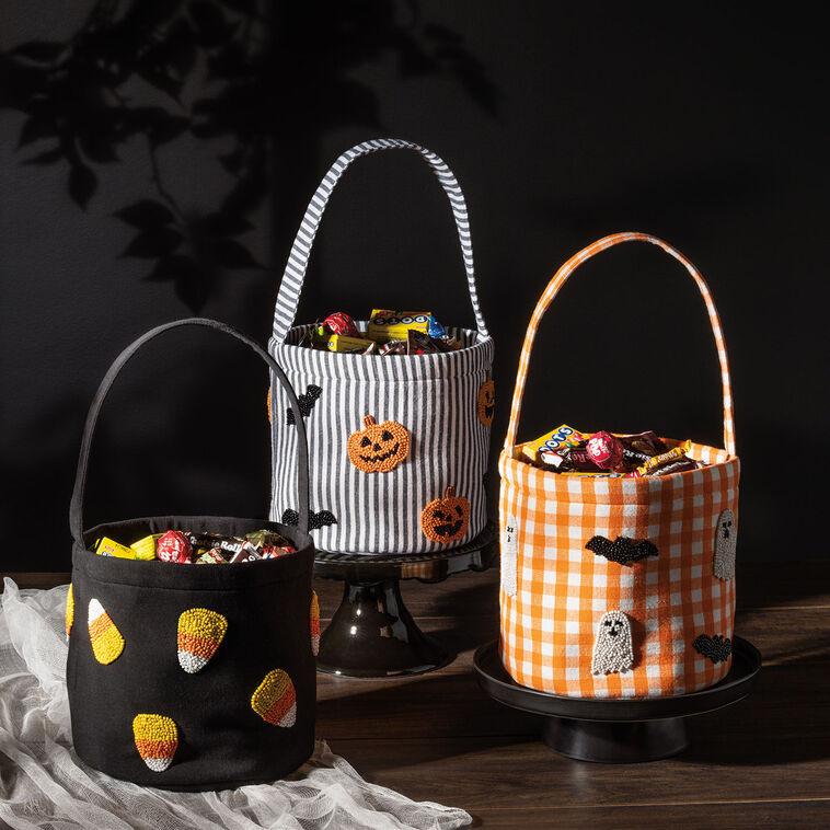 Hallmark Mud Pie Orange Gingham Halloween Bucket With Beaded Ghosts And Bats