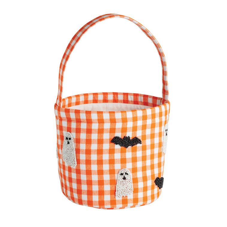 hallmark Mud Pie Orange Gingham Halloween Bucket With Beaded Ghosts and Bats