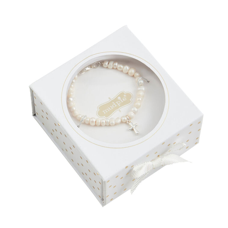 Hallmark Mud Pie Silver Cross Pearl Bracelet For Toddler