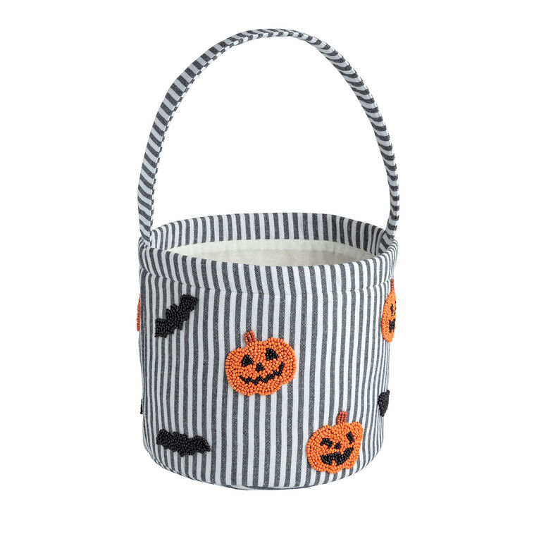 hallmark Mud Pie Striped Halloween Bucket With Beaded Pumpkins and Bats