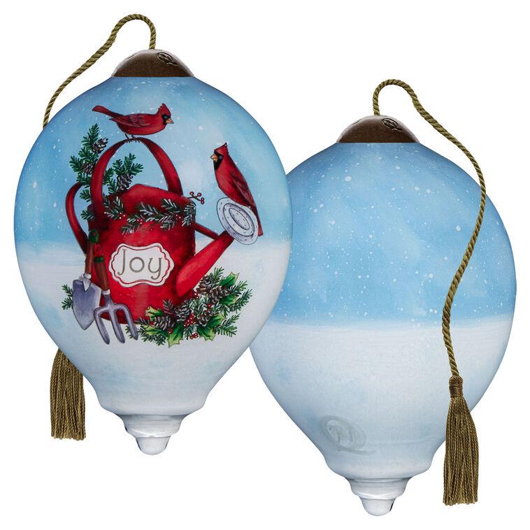 Hallmark Ne'Qwa Art Cardinals On Watering Can Glass Christmas Ornament