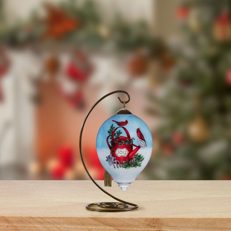 Hallmark Ne'Qwa Art Cardinals On Watering Can Glass Christmas Ornament
